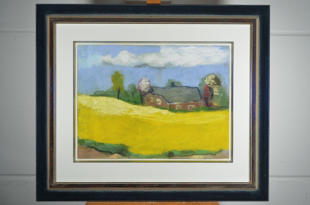 Detail k: Klaus Fussmann, geb. 1938 Velbert, Landschaft mit Haus, Pastell , signiert und datiert, ca. 42x55 cm , unter Glas gerahmt, gesamt ca. 73x86 cm