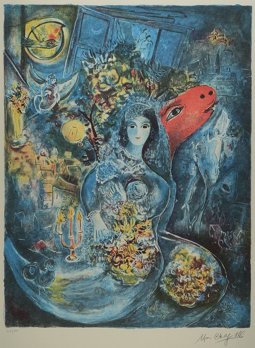 Marc Chagall, 1887-1985, Lithografie, Drucksign., num. 312/500, unter Glas gerahmt, Gesamt ca. 85x107 cm