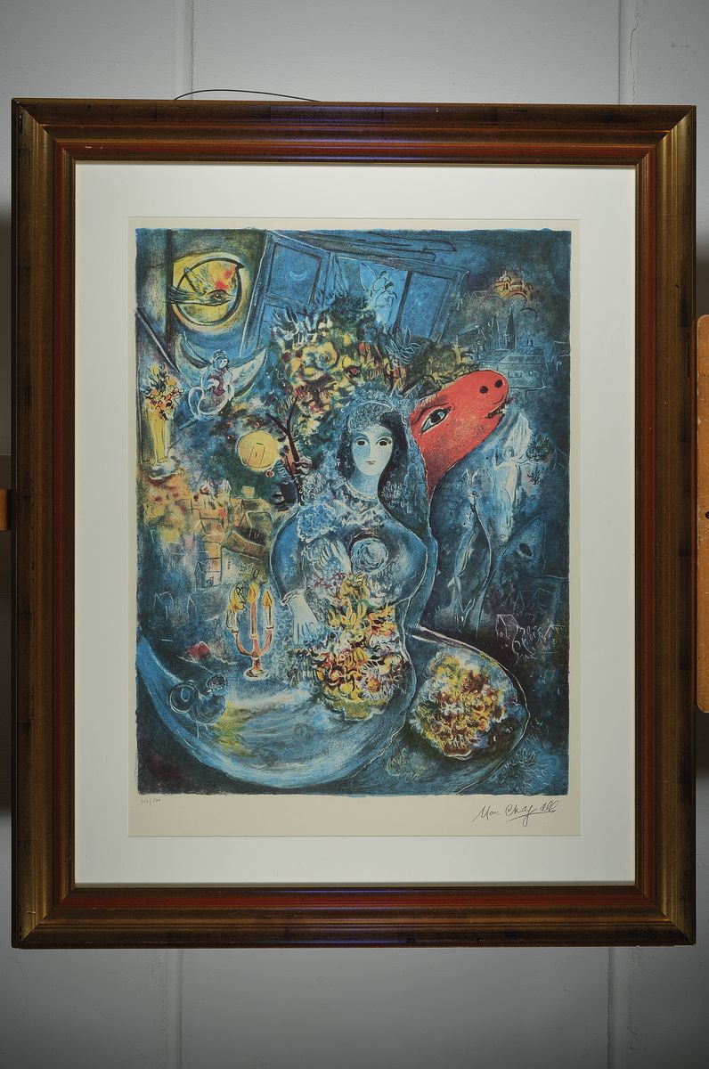 Detail k: Marc Chagall, 1887-1985, Lithografie, Drucksign., num. 312/500, unter Glas gerahmt, Gesamt ca. 85x107 cm