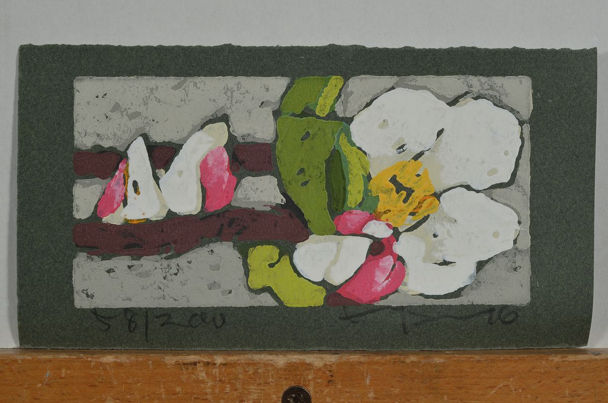 Detail k: Klauss Fussmann, geb. 1938, Farblinolschnitt, Apfelblüte , sign., num. 58/200, ca. 19x10 cm
