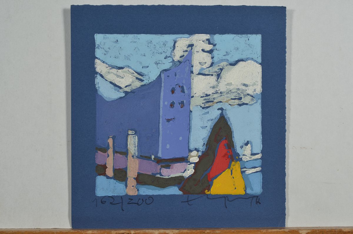Detail k: Klaus Fussmann, geb. 1938, Elbphilharmonie, Farblinolschnitt, sign.,num. 162/200, ca. 19x18 cm