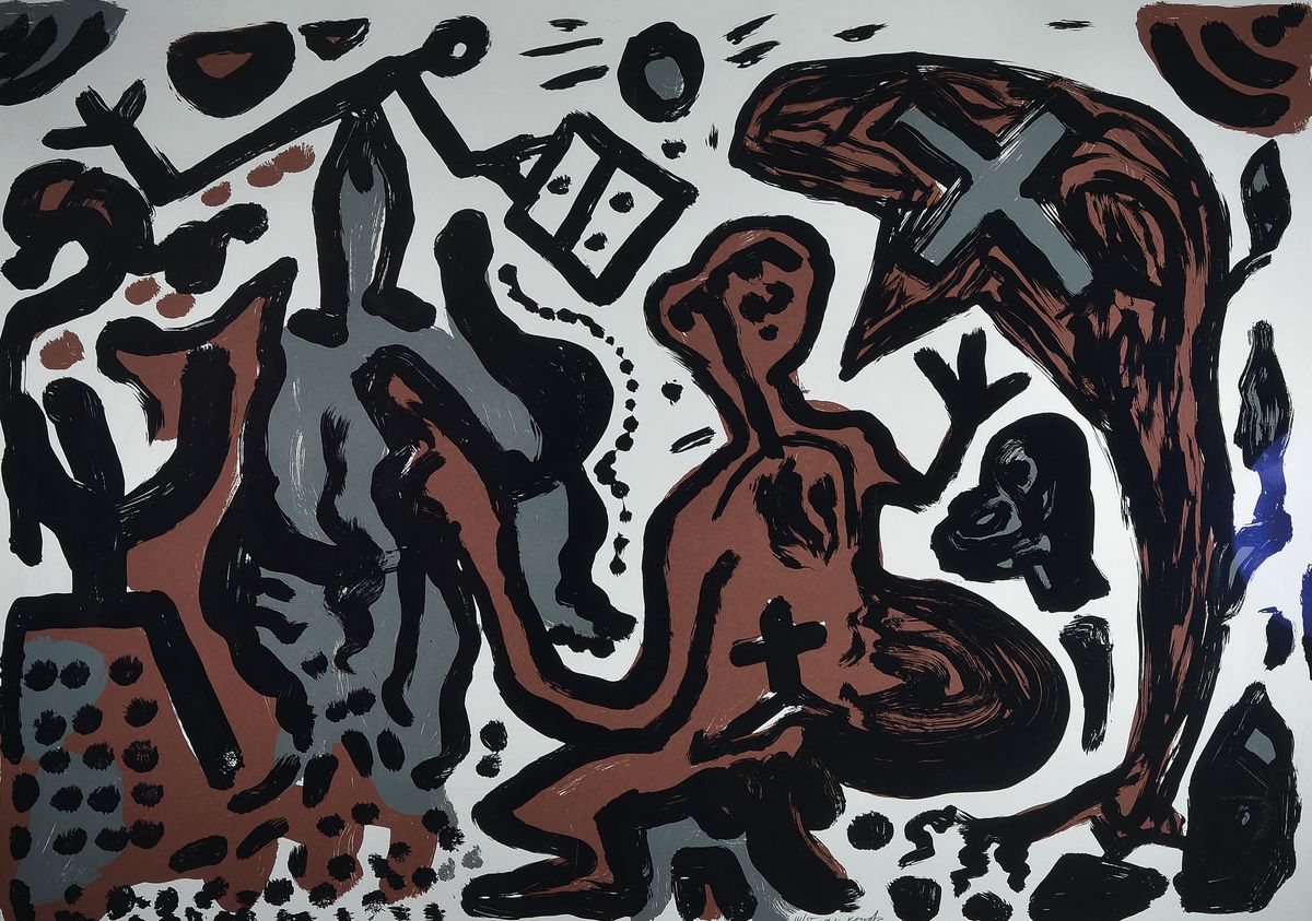 A.R. Penck, geb. 1939 Dresden-2017 Zürich, Titel: Deutschland Hoffnung, Farbserigrafie, sign., num. 14/55, unter Glas gerahmt, gesamt ca. 105x139 cm