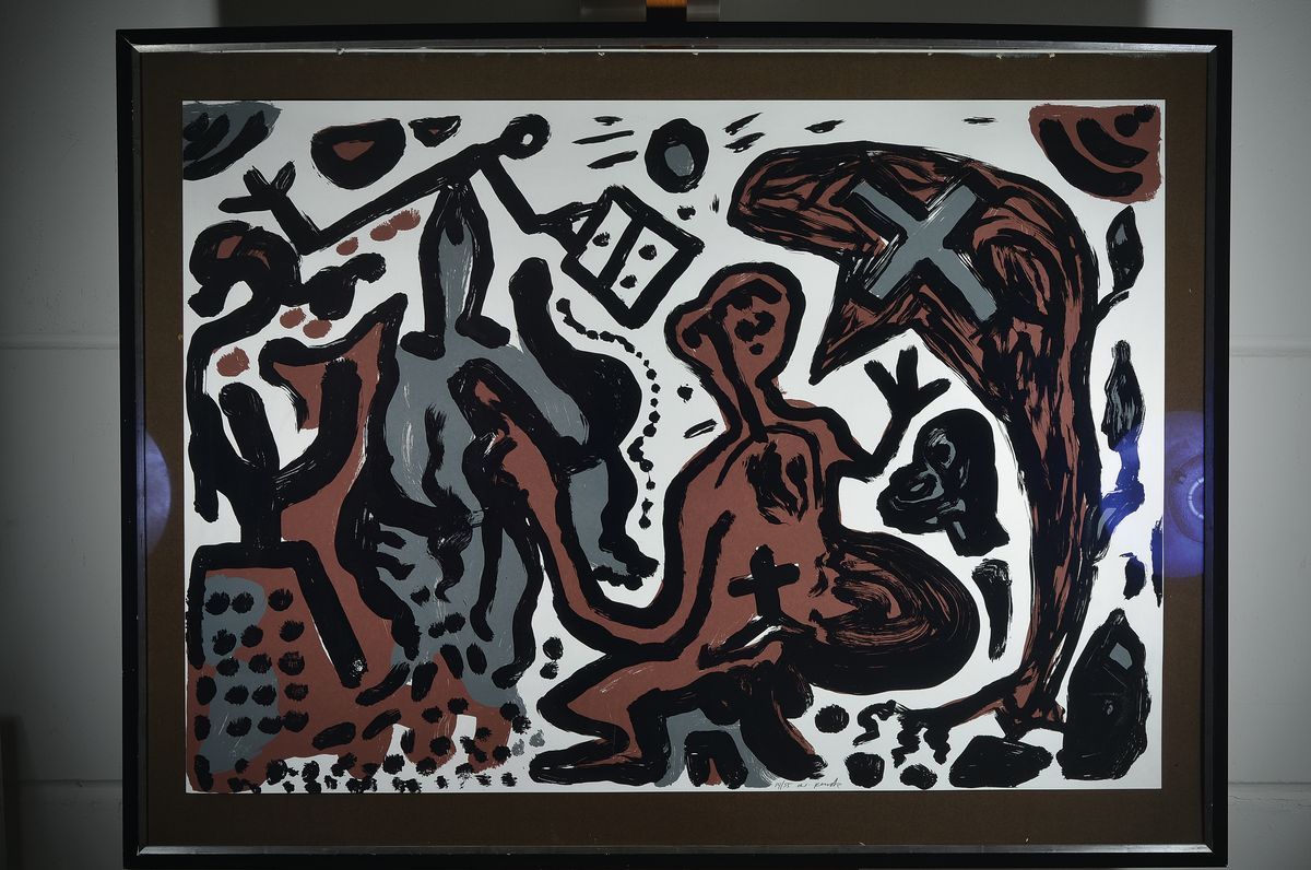 Detail k: A.R. Penck, geb. 1939 Dresden-2017 Zürich, Titel: Deutschland Hoffnung, Farbserigrafie, sign., num. 14/55, unter Glas gerahmt, gesamt ca. 105x139 cm