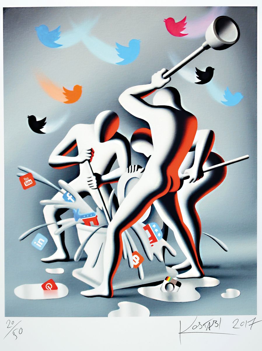 Mark Kostabi, geb. 1960, Konvolut aus zwei Farbsiebdrucken, beide dat. 2017, num. 20/50 u. 17/50, je sign., je ca. 61x50 cm