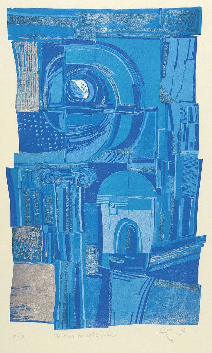 Hermann Rapp, Verloren ins weite Blau, Farbholzschnitt, handsign., dat. 1996, num. 12/25, Blattgr. 67x35,5 cm, eingelegt in einer Mappe