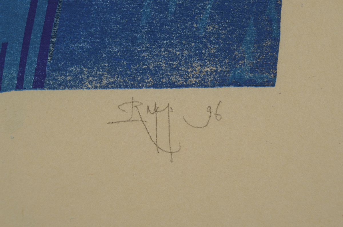 Detail a: Hermann Rapp, Verloren ins weite Blau, Farbholzschnitt, handsign., dat. 1996, num. 12/25, Blattgr. 67x35,5 cm, eingelegt in einer Mappe
