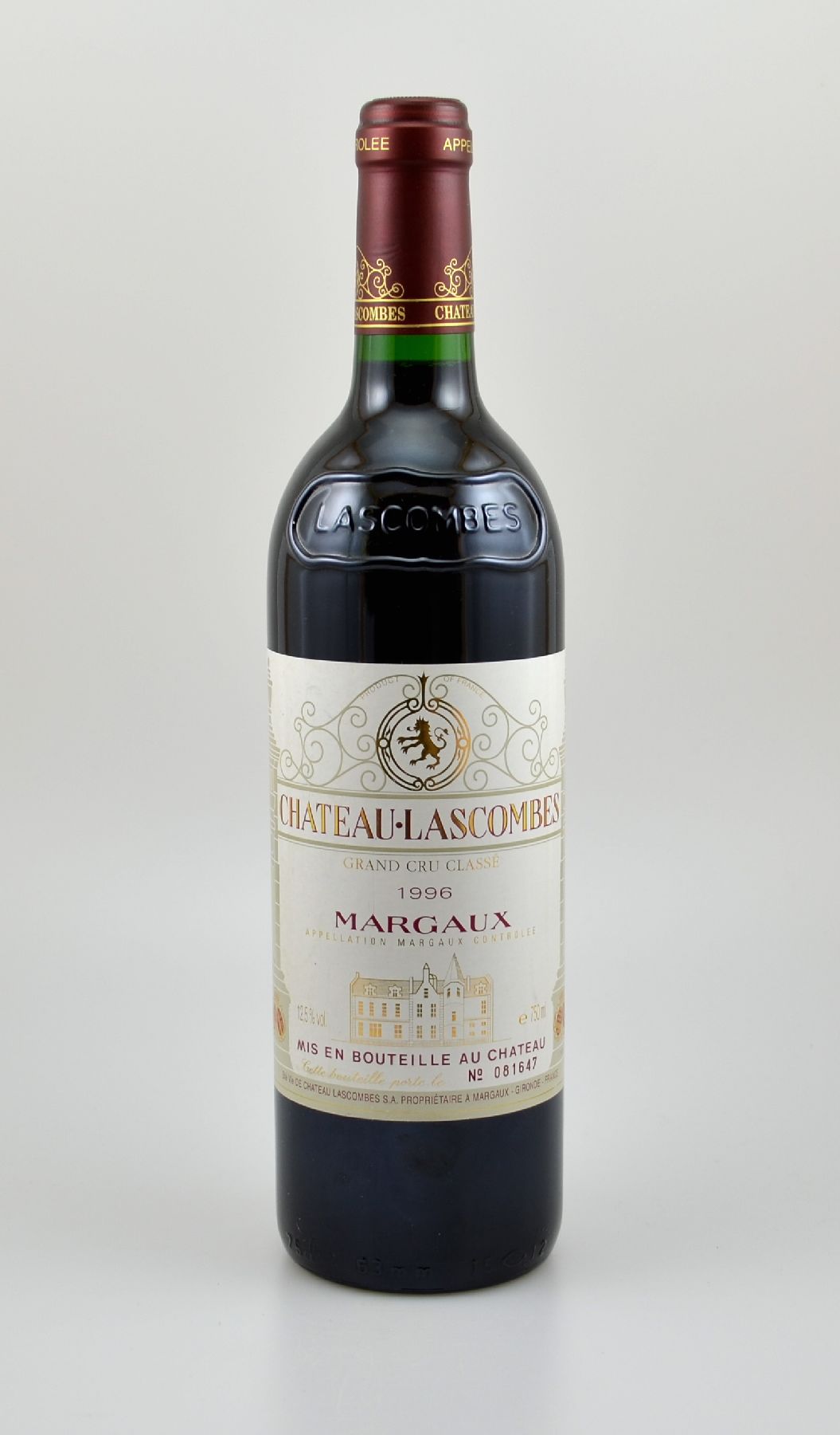 1 Flasche 1996 Chateau Lascombes, Margaux, Grand Cru Classe, ca. 75 cl, 12,5 % Vol., Füllstand: ca. into neck, hervorragender Erhaltungszustand, ...