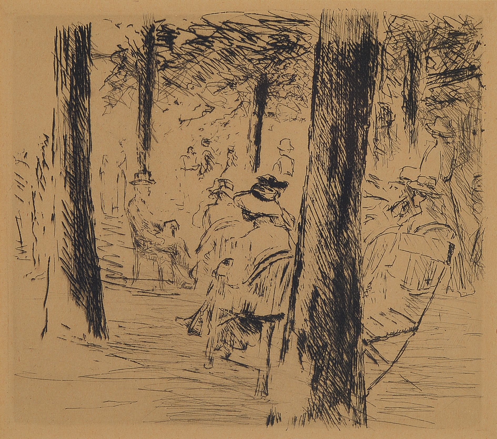 Max Liebermann, 1847-1935, Im Garten, Radierung von 1910, Papier leicht gebräunt, ca. 16x18cm, PP, u.Gl., R. ca. 29x32cm, WVZ Schiefler Nr. 107