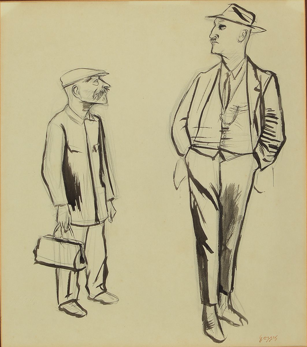 Carl Hubbuch, 1891-1979, Tuschezeichnung, Arbeiter und Chef, rechts unten signiert, ca. 43x36 / 63x58 cm, R.