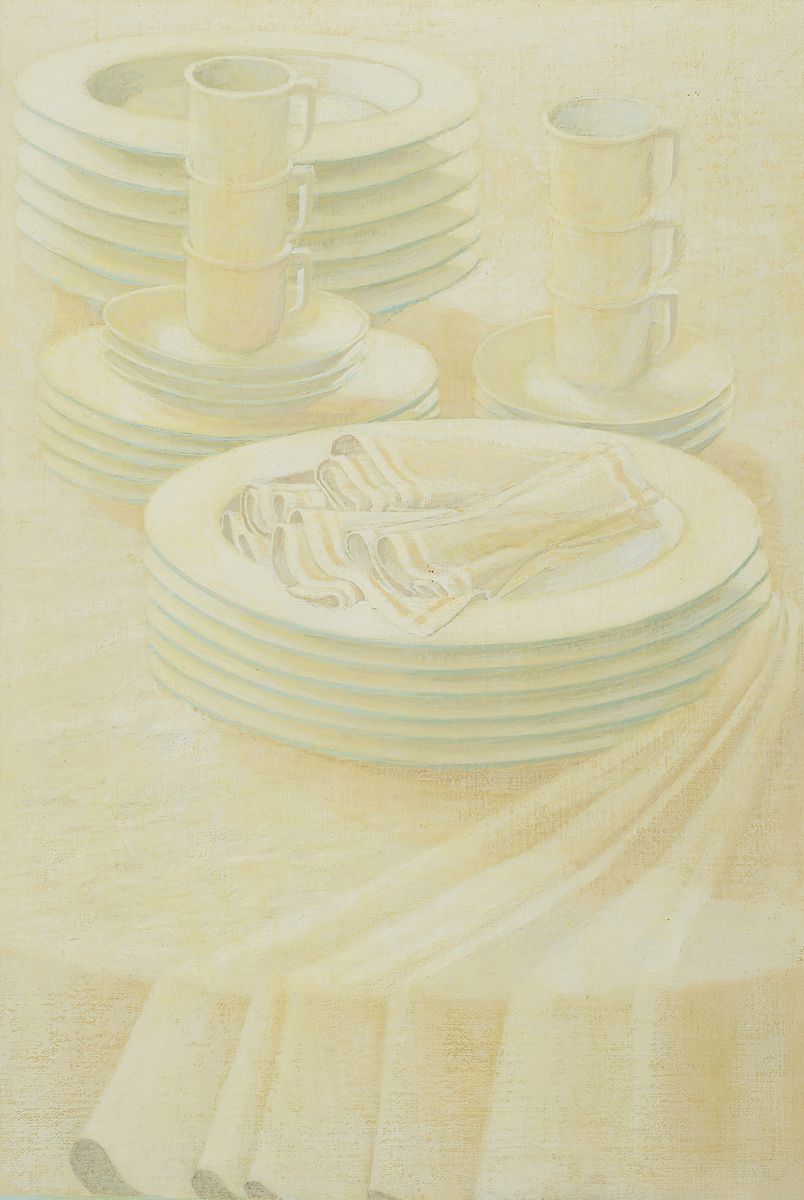 Lutz Raffel, geb. 1943 Ostpreußen, Öl/Lwd, Stillleben "Geschirr" in weiß, Mitte unten signiert und datiert 1989, ca. 58x40 / 78x61, ...