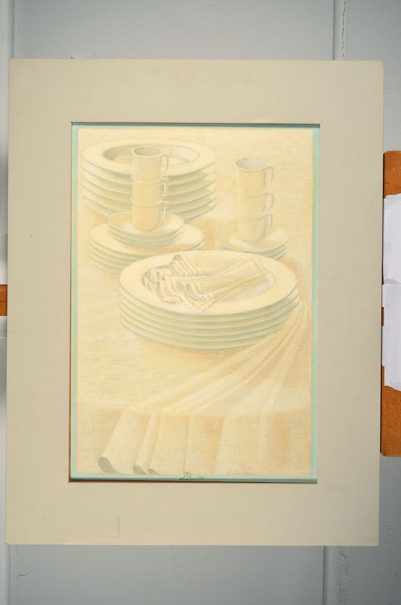 Detail k: Lutz Raffel, geb. 1943 Ostpreußen, Öl/Lwd, Stillleben "Geschirr" in weiß, Mitte unten signiert und datiert 1989, ca. 58x40 / 78x61, ...