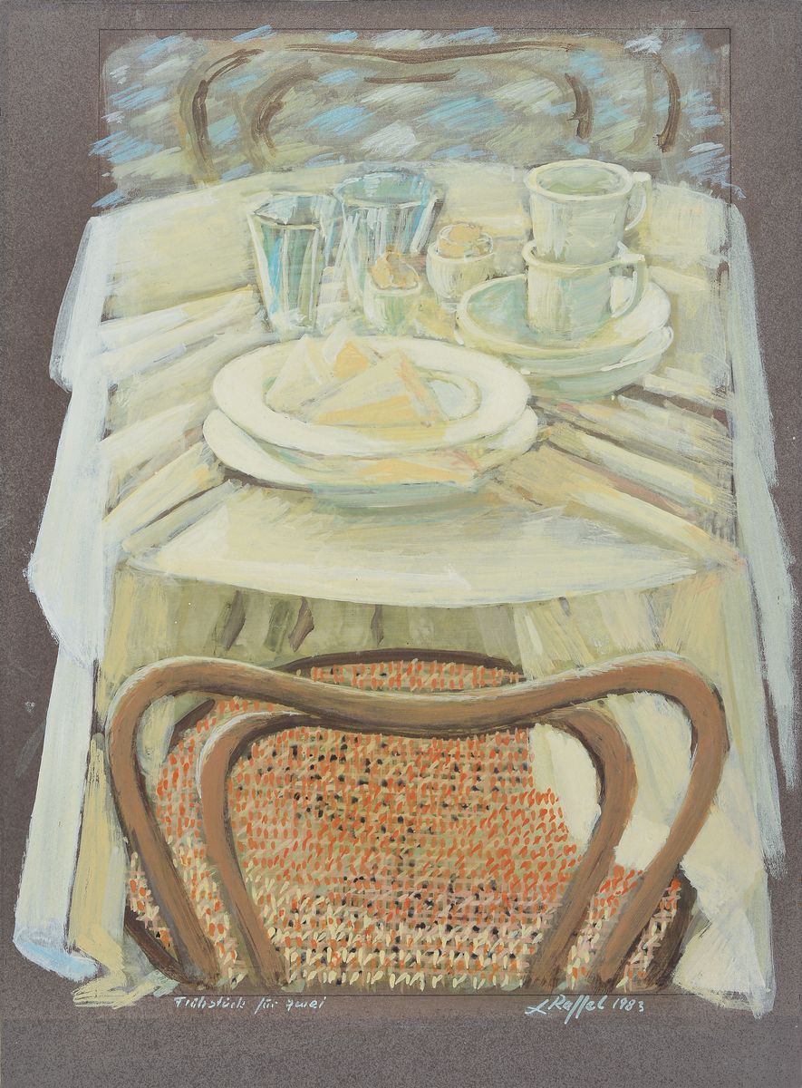 Lutz Raffel, geb. 1943 Ostpreußen, Mischtechnik auf Papier, "Frühstück für 2", unten signiert, datiert 1983 und betitelt, ca.48x35 cm