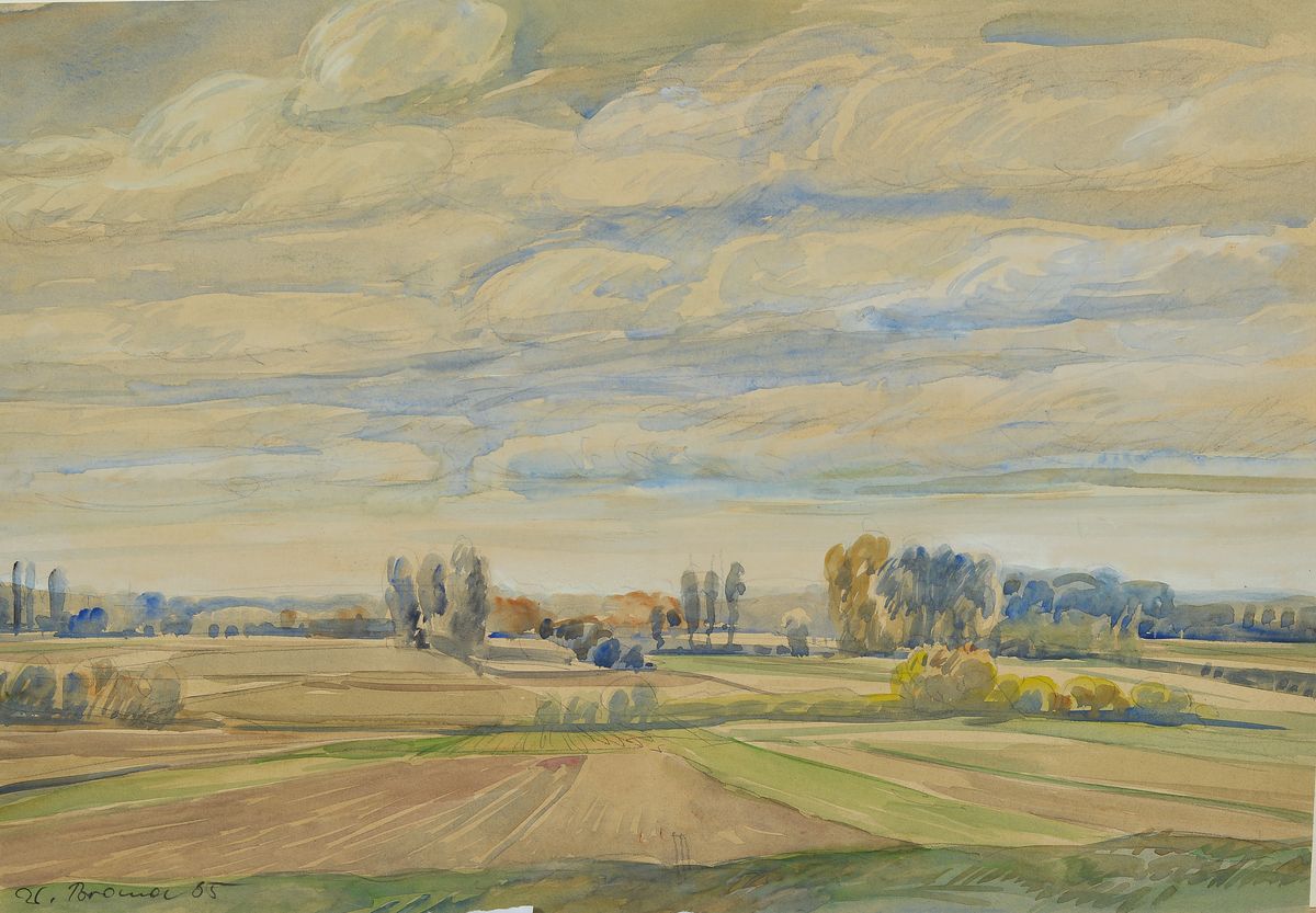 Werner Brand, geb. 1933, Pastell, weite Landschaft bei Dannstadt, links unten signiertund datiert (19)85, ca. 29x42 cm