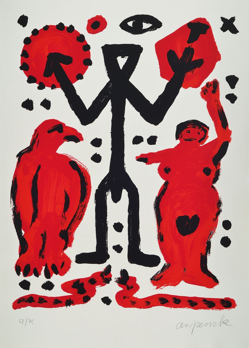 A.R. Penck, 1939-2017, Farbserigraphie, Frau mit Vogel, signiert und nummeriert 58/75,ca. 70x50 cm