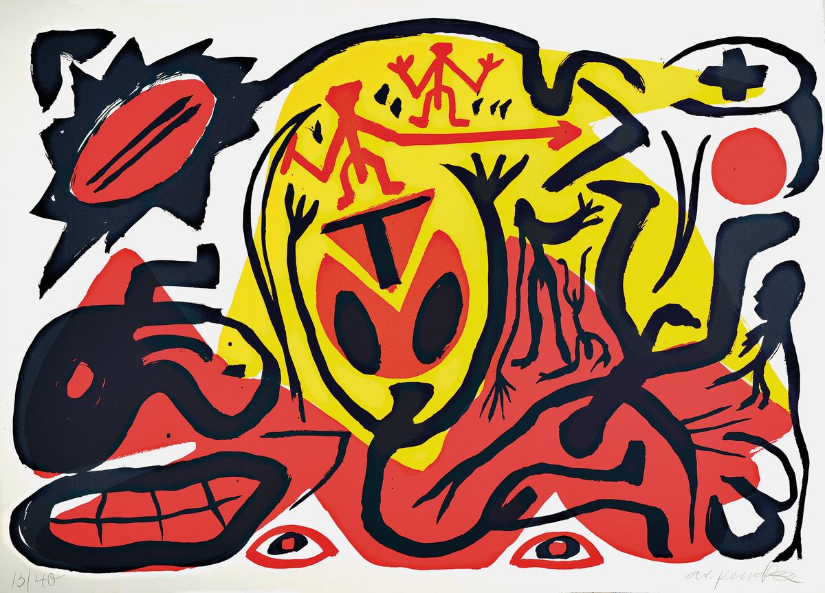 A.R. Penck, 1939-2017, Farbserigraphie, Ausstellungstitel "es kippt", signiert und nummeriert 13/40, ca. 80x110 cm
