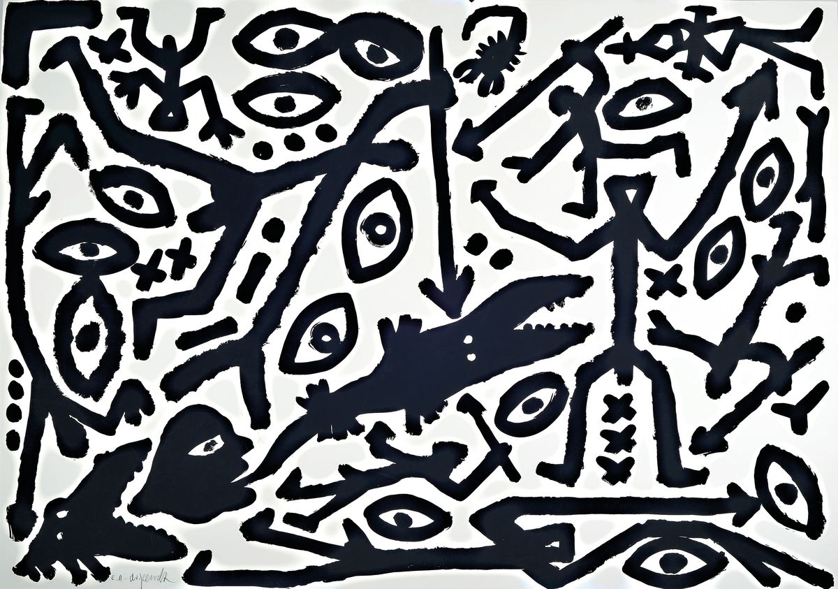 A.R. Penck, 1939-2017, Serigraphie, e.a. (Künstlerabzug), schwarz/weiße Komposition, signiert, ca. 86x122 cm