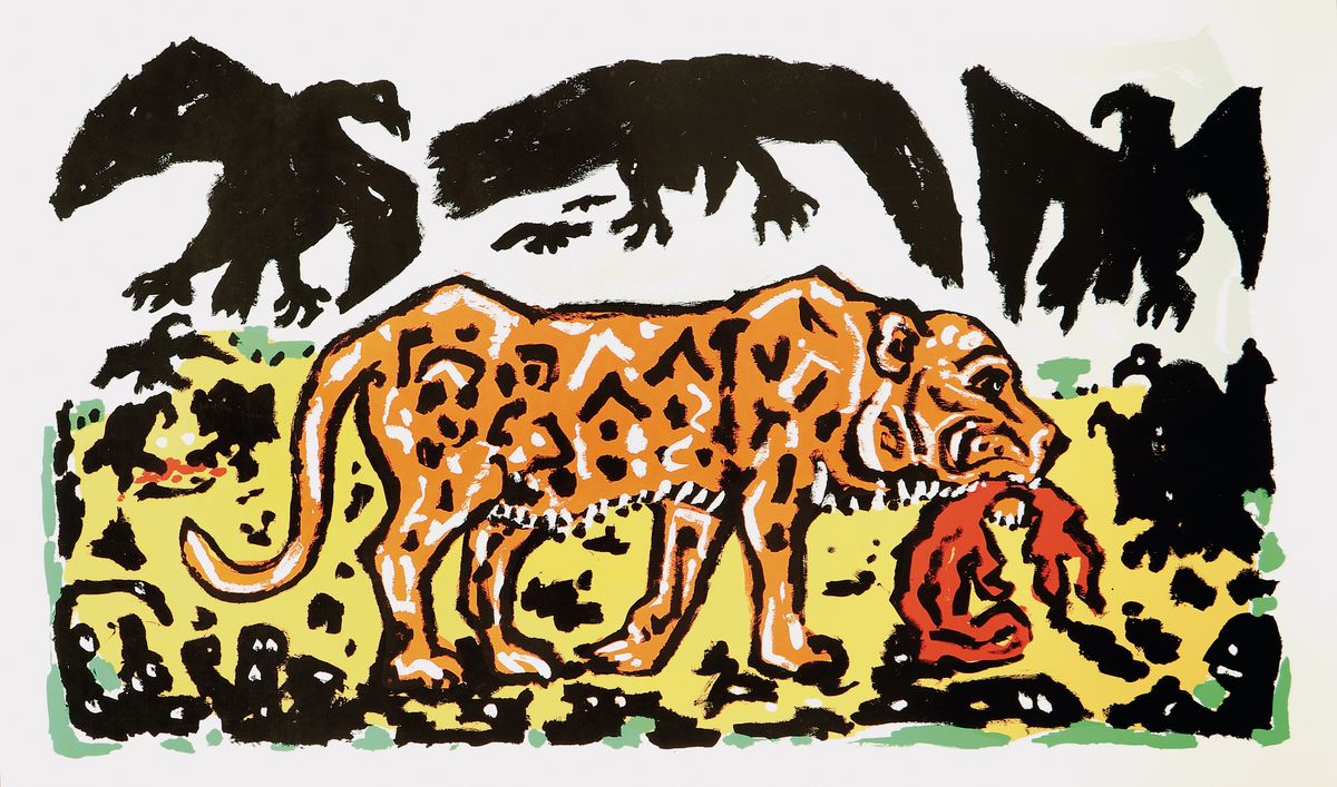 A.R. Penck, 1939-2017, Farbserigraphie, Ausstellungstitel: "Verteilung der Beute", eindrucksvolle Größe, signiert und nummeriert 15/30, ...