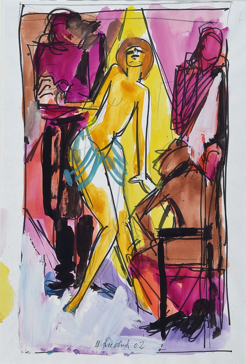 Heinz Friedrich, 1924-2018 Schwetzingen, Figurale Komposition, Gouache auf Papier, signiert und dat. 02, ca. 48x32cm, PP, R. ca. 78x58cm