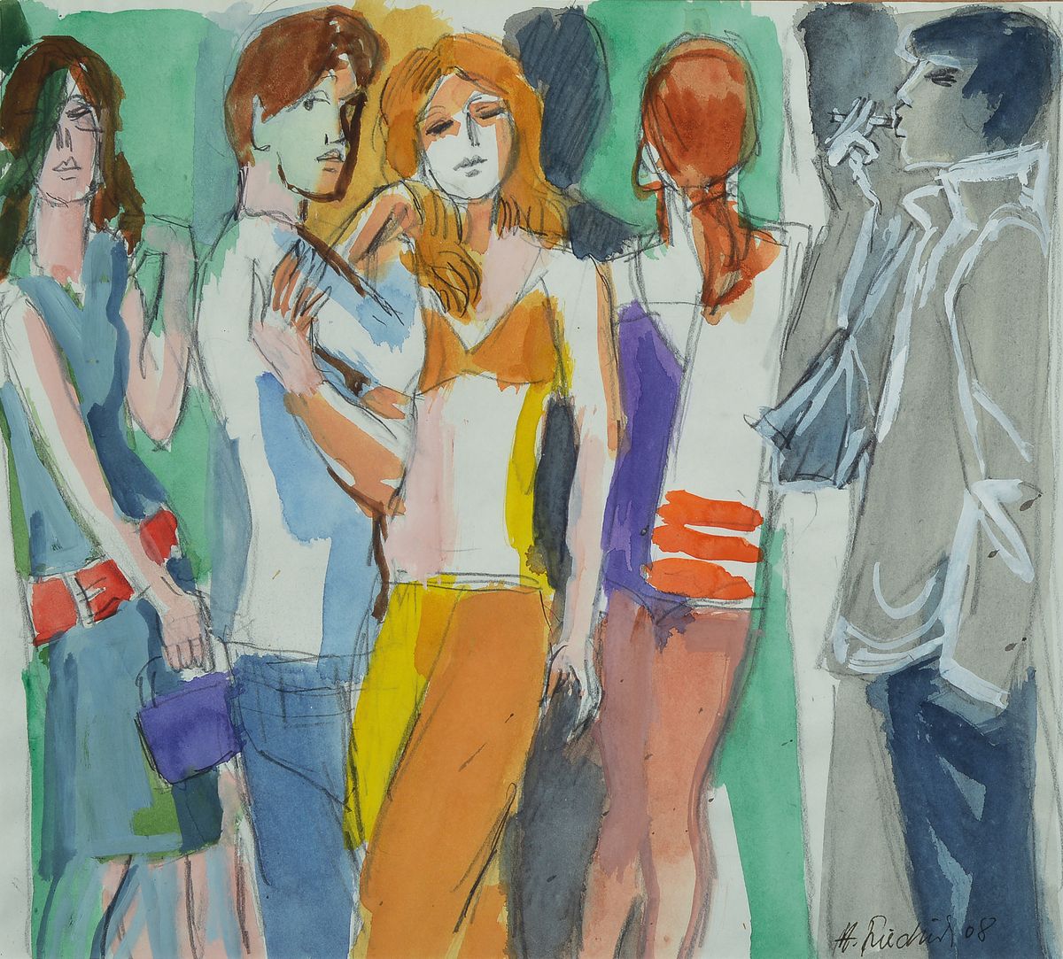 Heinz Friedrich, 1924-2018 Schwetzingen, Personen im Gespräch, Gouache auf Papier, signiert und dat. 08, ca. 35x38.5cm, PP, u.Gl., R. ca. 41x51cm