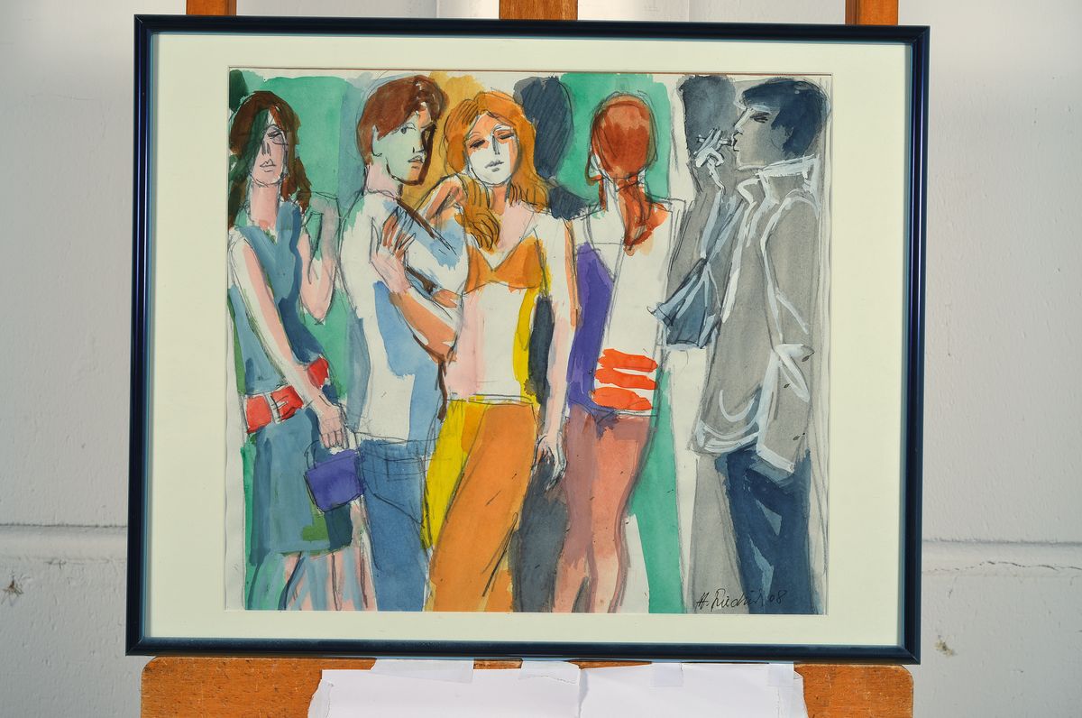 Detail k: Heinz Friedrich, 1924-2018 Schwetzingen, Personen im Gespräch, Gouache auf Papier, signiert und dat. 08, ca. 35x38.5cm, PP, u.Gl., R. ca. 41x51cm