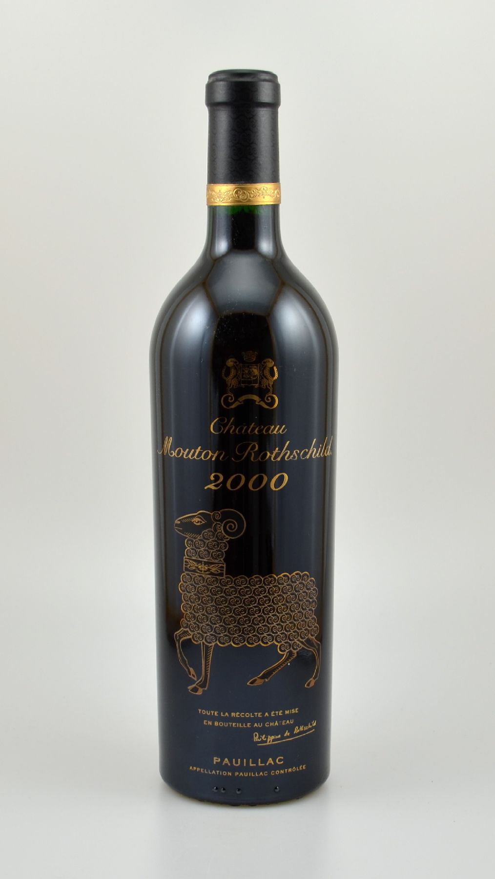1 Flasche 2000er Chateau Mouton Rothschild, Pauillac, Premier Grand Cru Classe, 75 cl, 12,5 % Vol., Füllstand: into neck, hervorragender ...