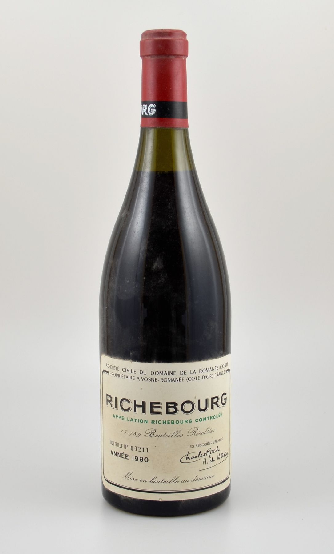 1 Flasche 1990 Richebourg Grand Cru, Domaine de La Romanee-Conti, ca. 75 cl, 13,5 % Vol., Abstand zwischen Kapsel und Wein: ca. 2,5 cm, guter ...