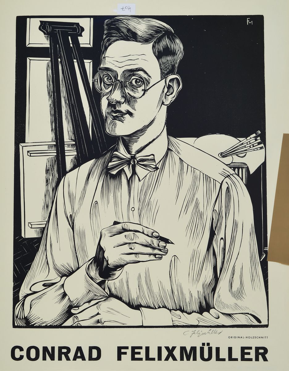 Conrad Felixmüller, 1897-1977, Selbstporträt vor der Staffelei, Holzschnitt, handsigniert, Blattgr. ca. 60x48cm