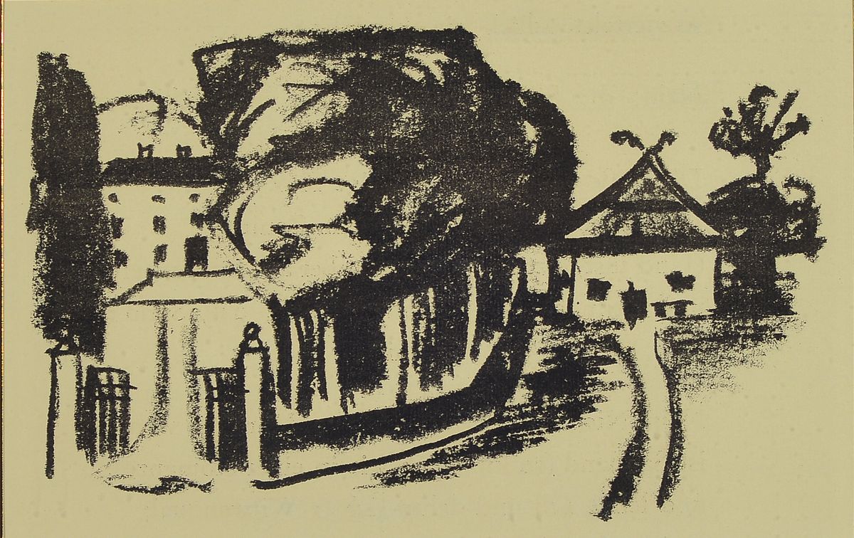 Max Pechstein, 1881-1955, Gutshof im Park, Lithographie, ca. 16x26cm, Auflage 130 Ex. zu: Samländische Ode, 1917, WV Krüger L 240, PP, u.Gl., R. ...