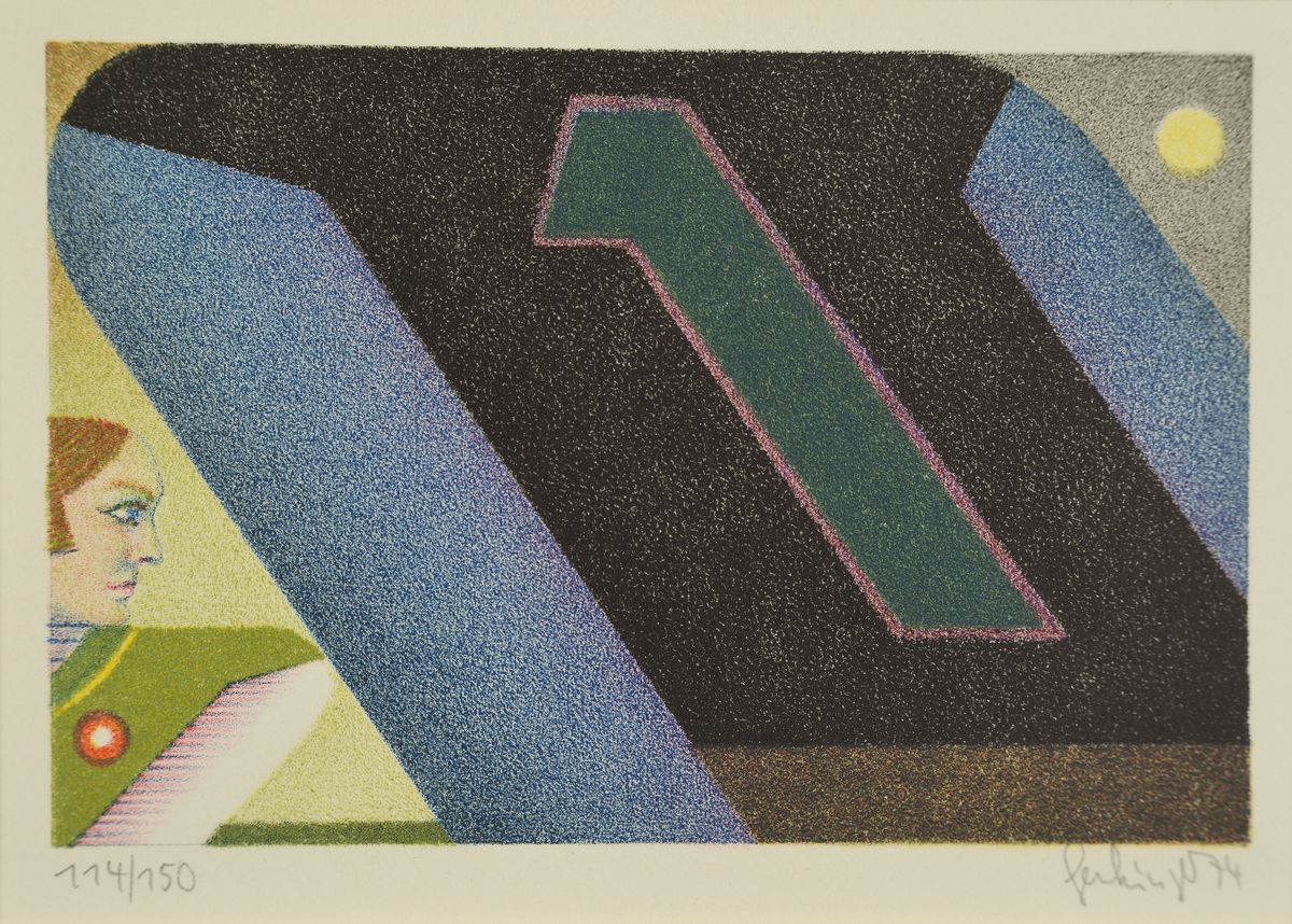 Detail a: Mappenwerk "miniaturen" Edition Volker Huber 1974, mit Grafiken von Thomas Bayrle, Bruno Bruni, Wolff Buchholz, Fritz Genkinger, ...