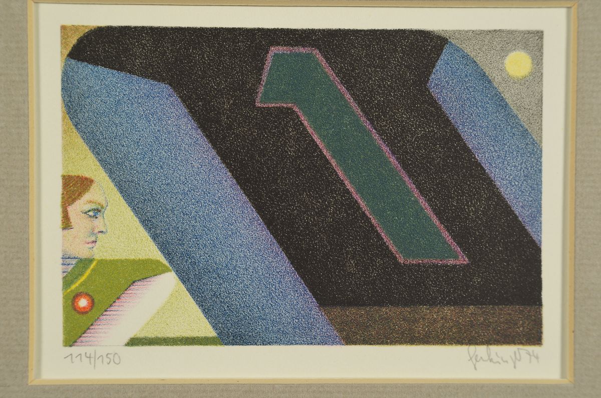 Detail l: Mappenwerk "miniaturen" Edition Volker Huber 1974, mit Grafiken von Thomas Bayrle, Bruno Bruni, Wolff Buchholz, Fritz Genkinger, ...