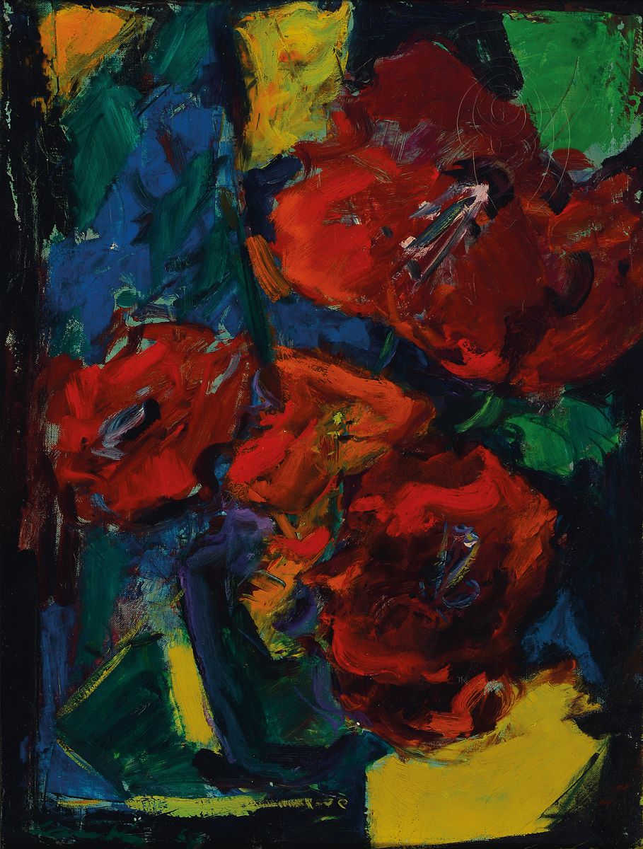 Robert Lauth, 1896-1985 Ludwigshafen, Abstrakte Mohn Blumen, Öl/Lwd, links unten signiert, ca. 63x48cm, R.