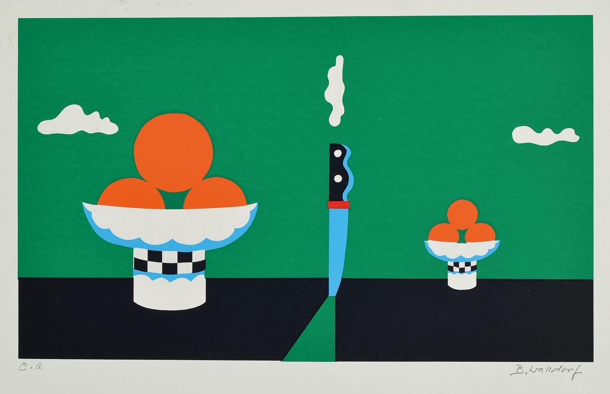 B, Walldorf, 1928-1985, Serigrafie, sign., e.a. Motiv ca. 25x42 cm, gesamt ca. 40x50 cm ,leichte Flecken zusehen