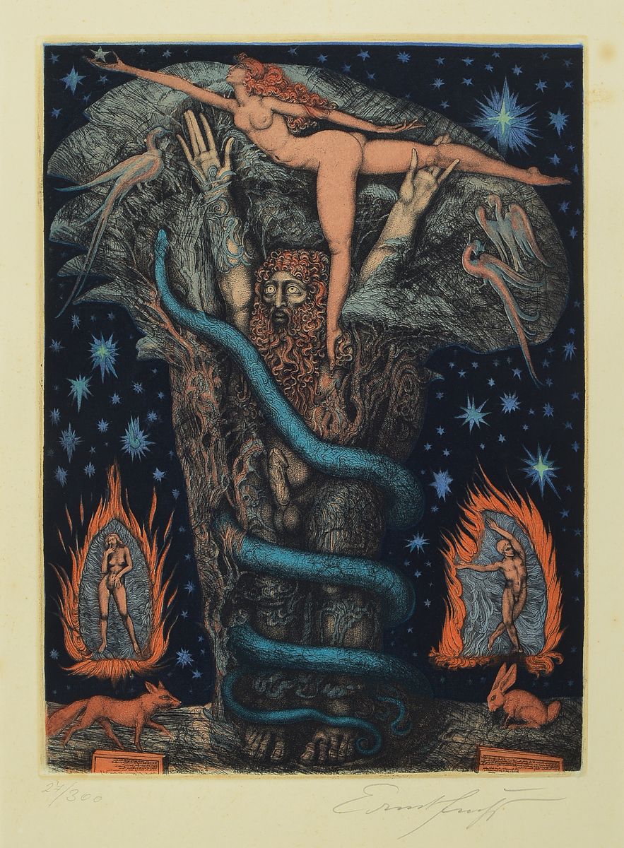 Ernst Fuchs, 1930 Wien-2015, Farbradierung, handsigniert und num. 27/300, ca. 40x29cm, PP, u.Gl., R. ca. 70x55cm