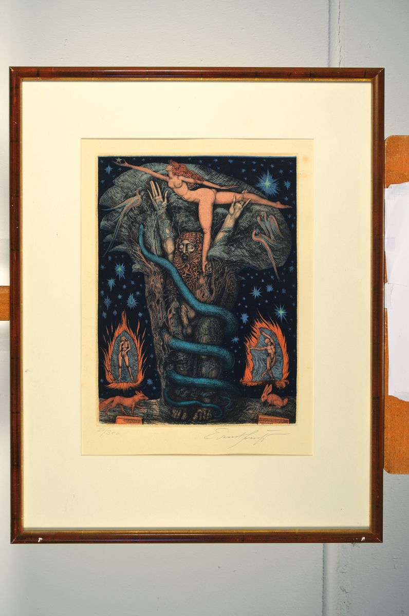 Detail k: Ernst Fuchs, 1930 Wien-2015, Farbradierung, handsigniert und num. 27/300, ca. 40x29cm, PP, u.Gl., R. ca. 70x55cm