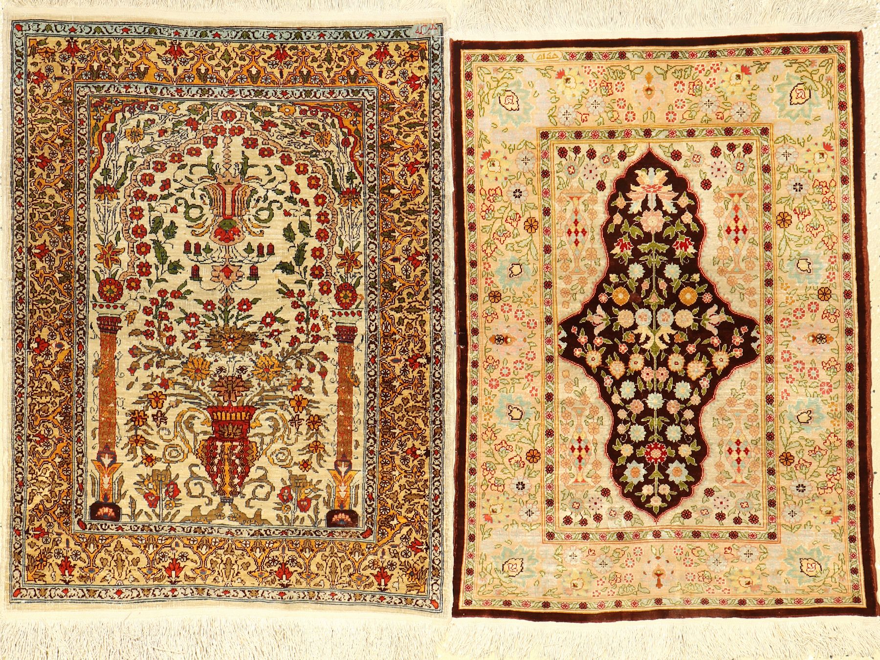 (2 Lots) Seiden Hereke alt, Türkei, ca. 40 Jahre, reine Naturseide, EHZ: 3