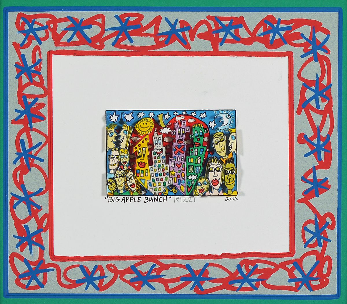 James Rizzi, 1950-2011, 3D Konstruktion, Titel: Big Apple Bunch, sign., dat. 2002, Unikat, unter Glas gerahmt Motiv ca. 5x7,5 cm, gesamt ca. 39x42 cm