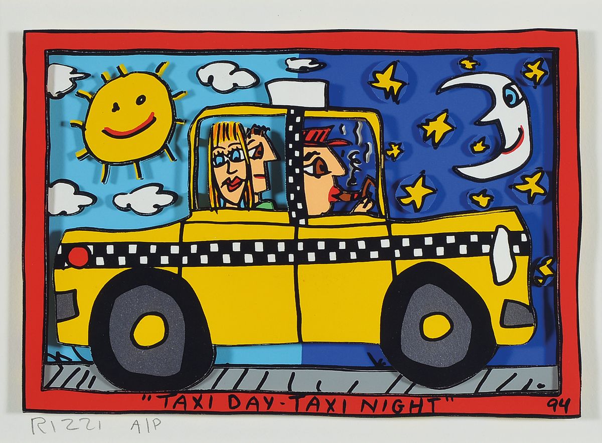 James Rizzi, 1950-2011, Titel: Taxi Day- Taxi Night, 3D-Konstruktion sign., num. A/P, dat. 94, unter Glas gerahmt, ca. 37x44 cm