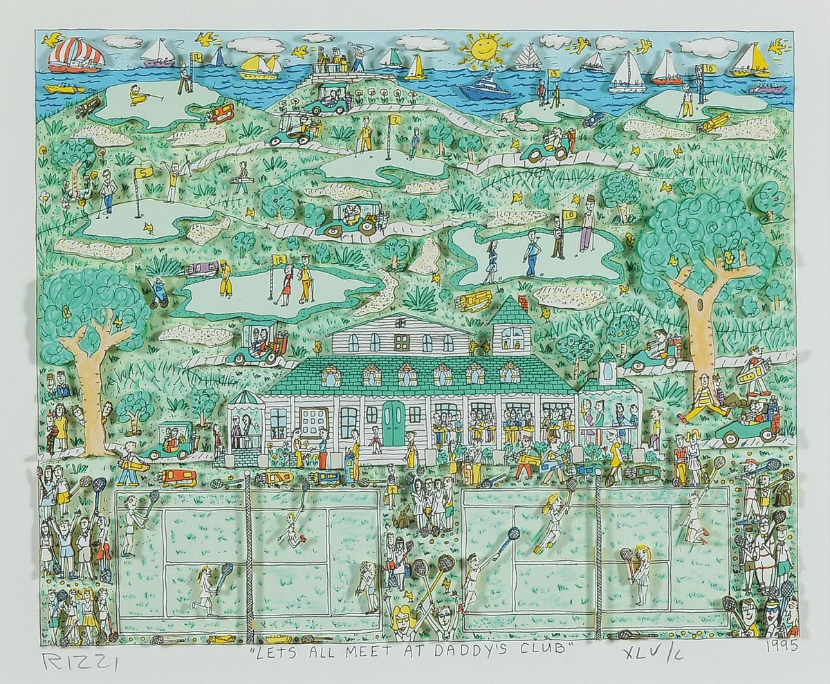 James Rizzi, 1950-2011, 3D- Konstruktion, Titel: Lets all meet at Daddy´s Club, handsign., num. xlv/c, unter Glas gerahmt, Motiv ca. 20x25 cm, ...