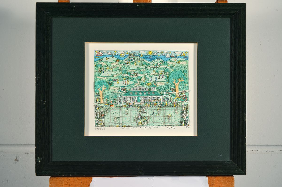 Detail k: James Rizzi, 1950-2011, 3D- Konstruktion, Titel: Lets all meet at Daddy´s Club, handsign., num. xlv/c, unter Glas gerahmt, Motiv ca. 20x25 cm, ...
