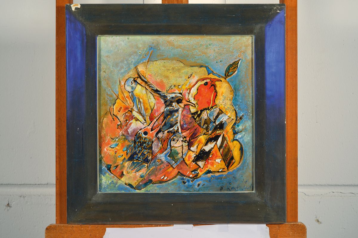 Detail k: Bernd Kastenholz, geb. 1949 Speyer, tätig in Gleisweiler, Studium an der Akademie Stuttgart, Mischtechnik/Gouache auf Karton, handsign., Rahmen, ca. ...