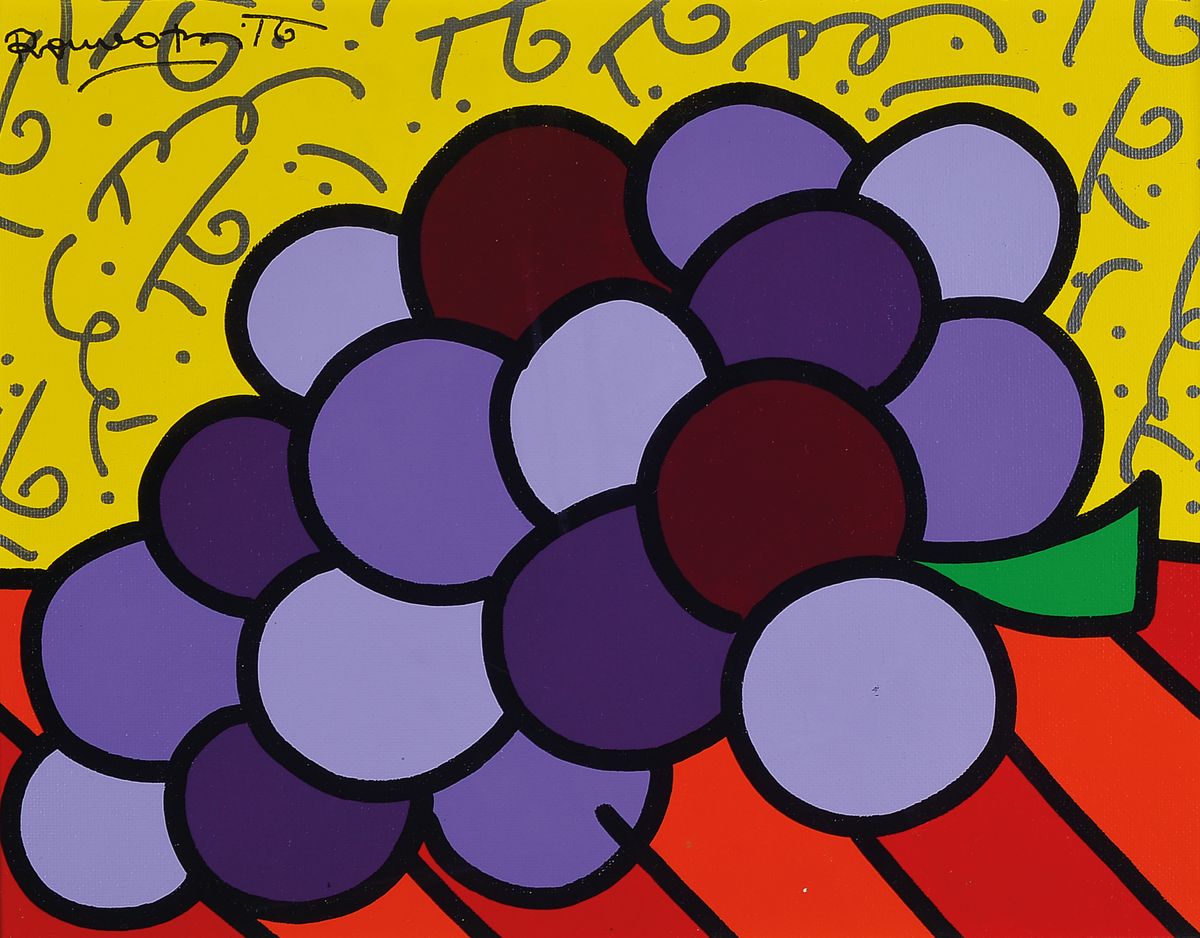 Romero Britto, geb. 1963 Brasilien, Titel: N.Y. Grapes, sign., verso betitelt und nochmals sign., unter Glas gerahmt, ca. 47,5x55 cm