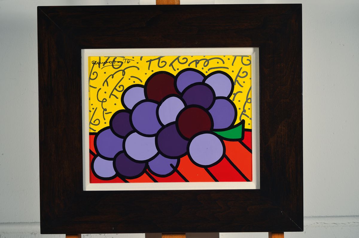 Detail k: Romero Britto, geb. 1963 Brasilien, Titel: N.Y. Grapes, sign., verso betitelt und nochmals sign., unter Glas gerahmt, ca. 47,5x55 cm