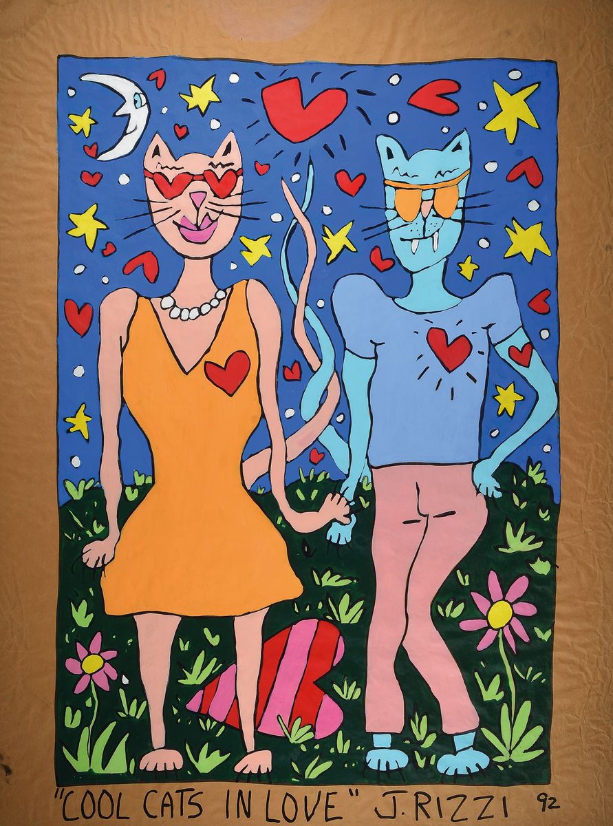James Rizzi, 1950-2011, Cool Cats in Love dat. 1992, dieses Werk hat James Rizzi während einer Ausstellung in den Hamptons (Nahe New York City) live ...