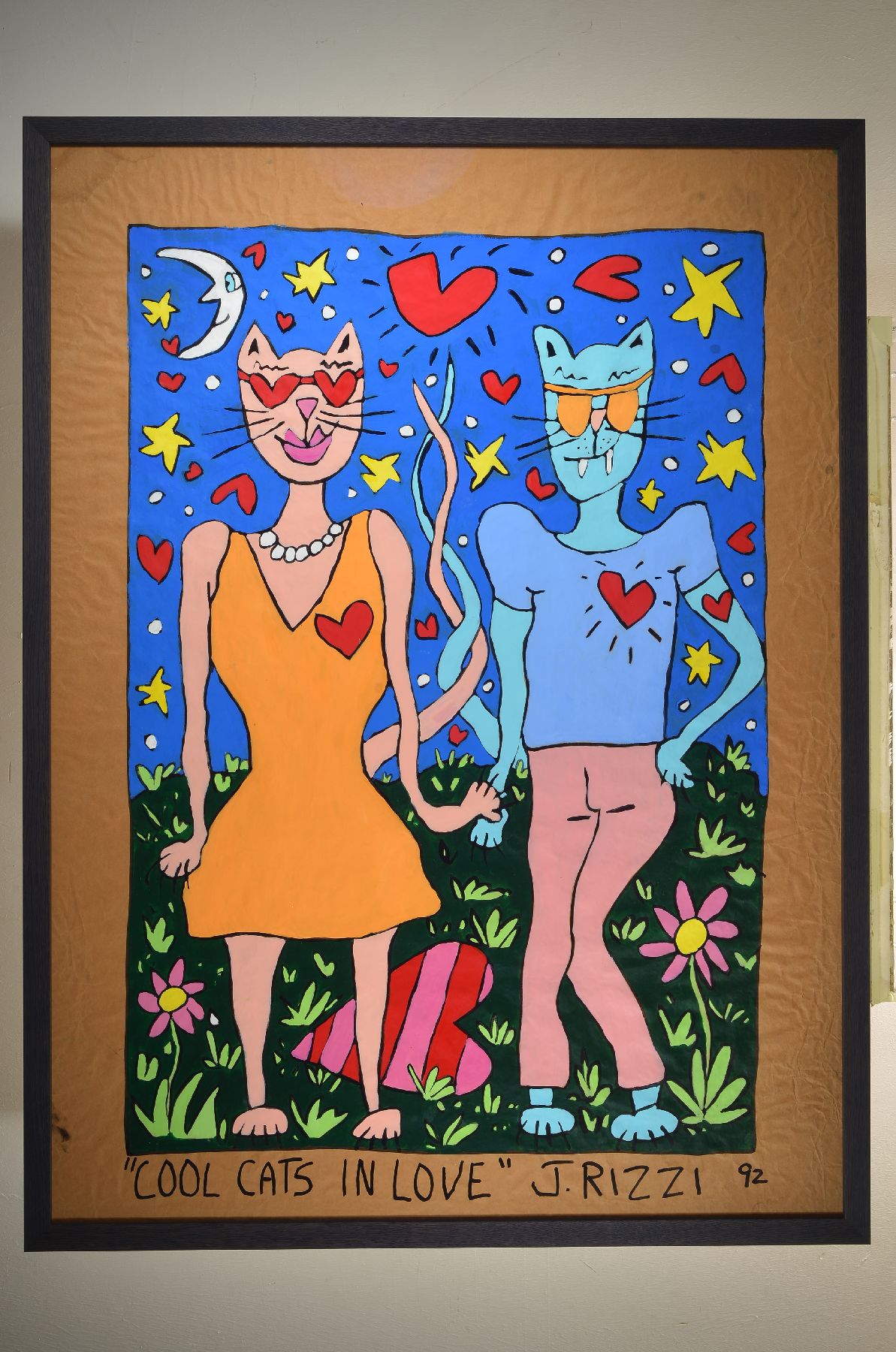 Detail c: James Rizzi, 1950-2011, Cool Cats in Love dat. 1992, dieses Werk hat James Rizzi während einer Ausstellung in den Hamptons (Nahe New York City) live ...
