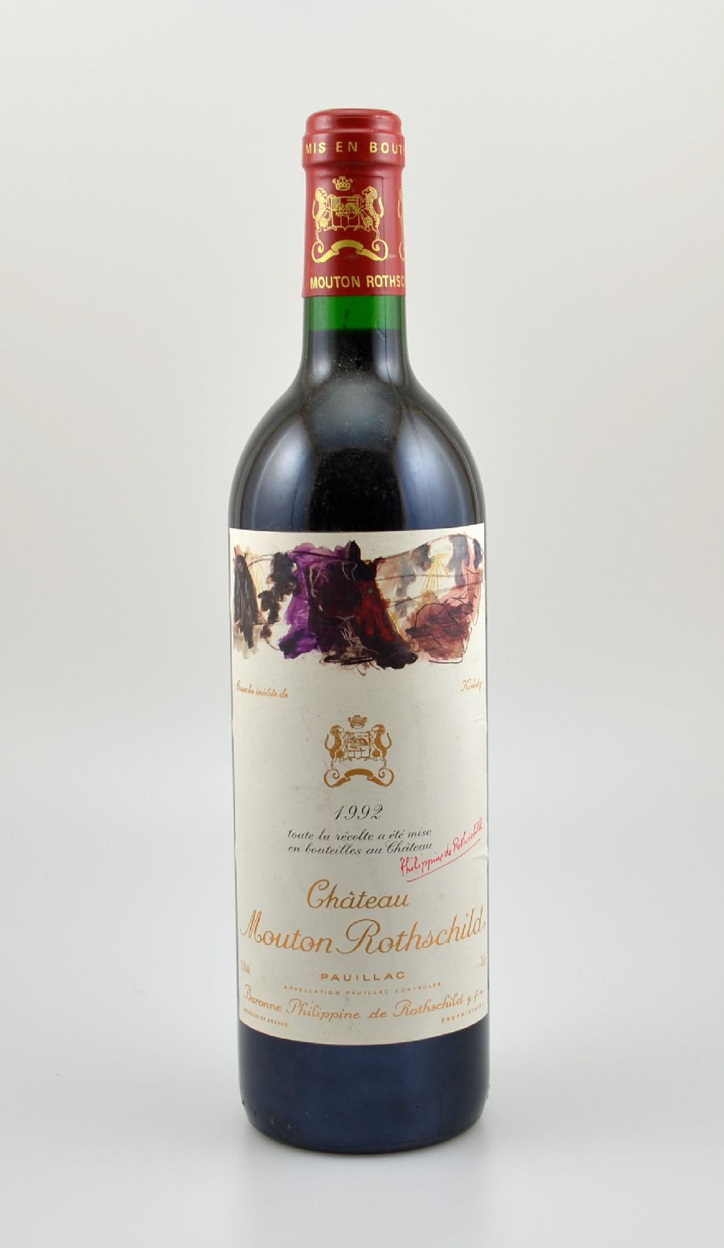 1 Flasche 1992 Chateau Mouton Rothschild, Pauillac, Premier Grand Cru Classe, ca. 75 cl, 12,5 % Vol., Füllstand: into neck, unverkostet, ...