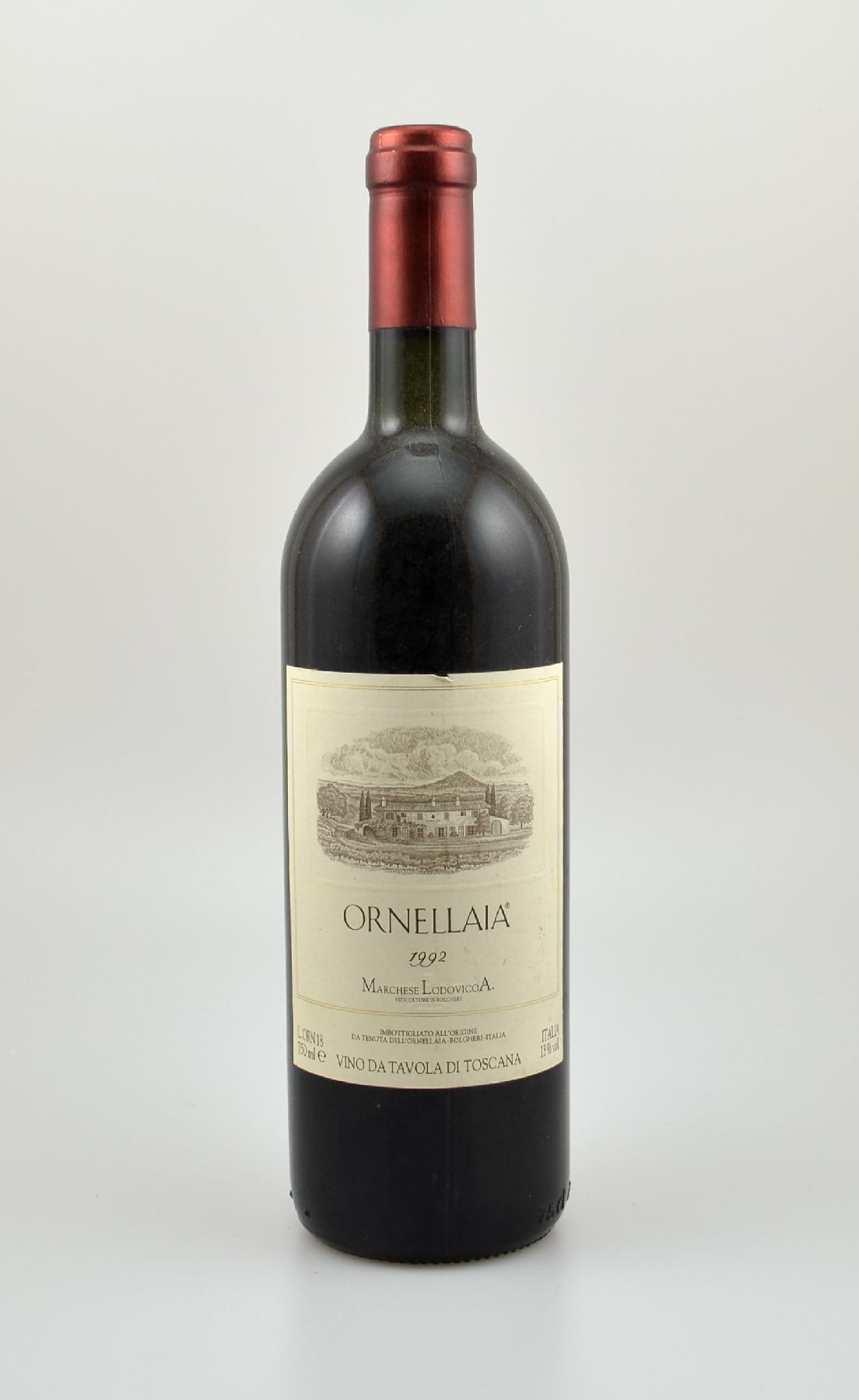 1 Flasche 1992 Ornellaia, Marchese Lodovico, Vino da Tavola di Toscana, ca. 75 cl, 13 % Vol., Füllstand: ca. top shoulder, unverkostet, Provenienz: ...