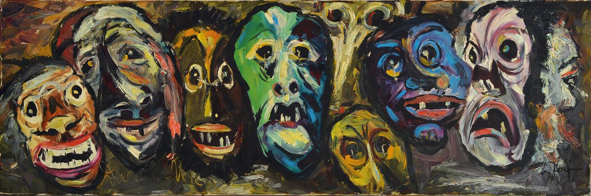 Unbekannter Künstler, datiert 1969, Sieben alemannische Fasnacht-Masken, Öl/Lwd, rechts unten unleserlich signiert, rückseitig handschriftliche ...