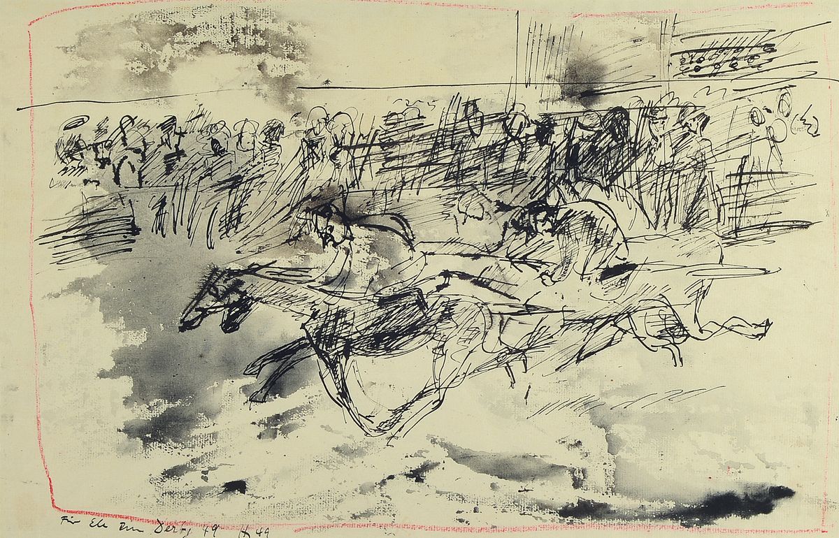 Horst Janssen, 1929-1995, Für Alle zum Derby, von 1949, Tuschezeichnung mit Darstellung eines Pferderennens, monogrammiert und dat. 1949, ...