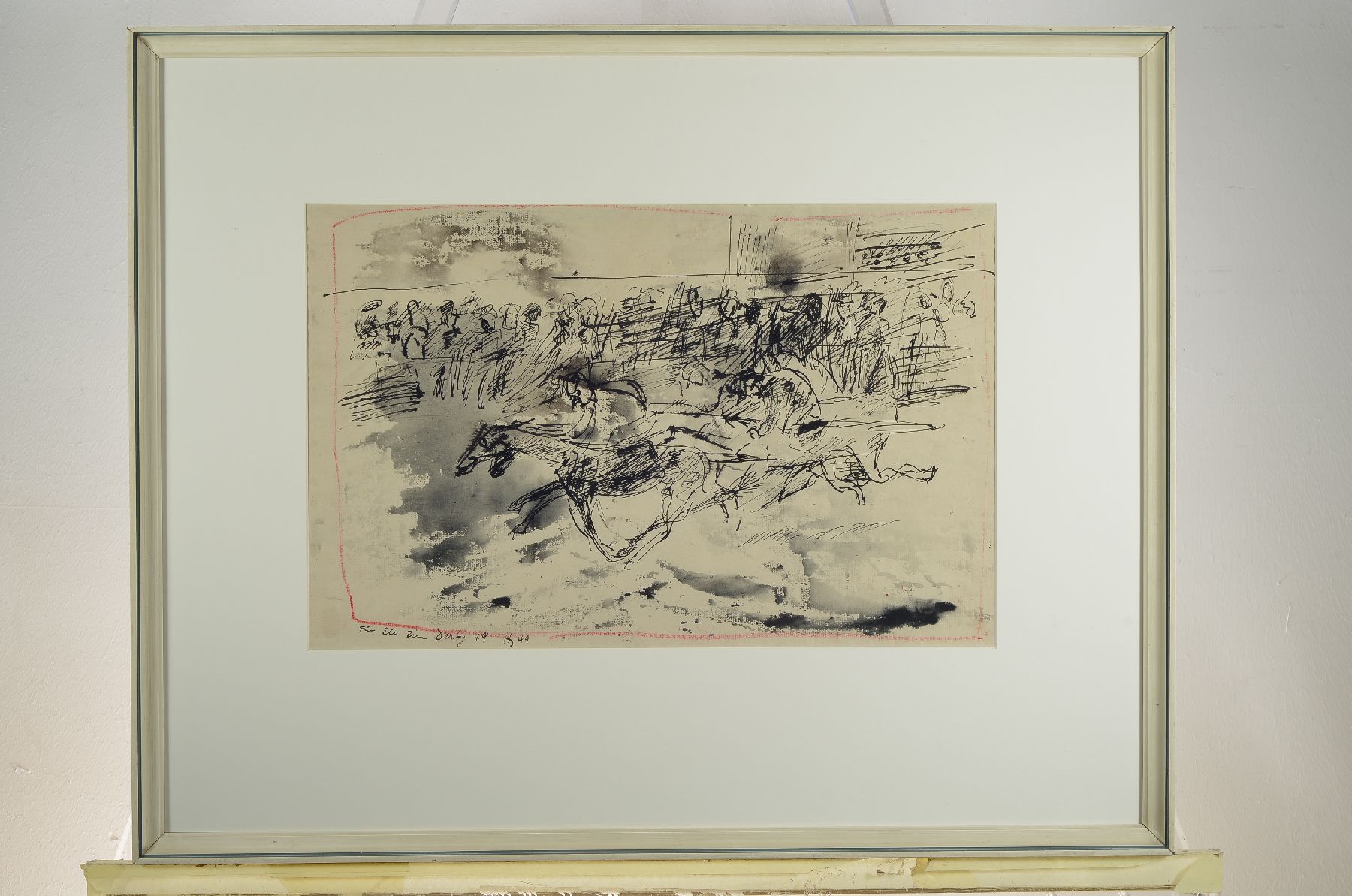 Detail b: Horst Janssen, 1929-1995, Für Alle zum Derby, von 1949, Tuschezeichnung mit Darstellung eines Pferderennens, monogrammiert und dat. 1949, ...