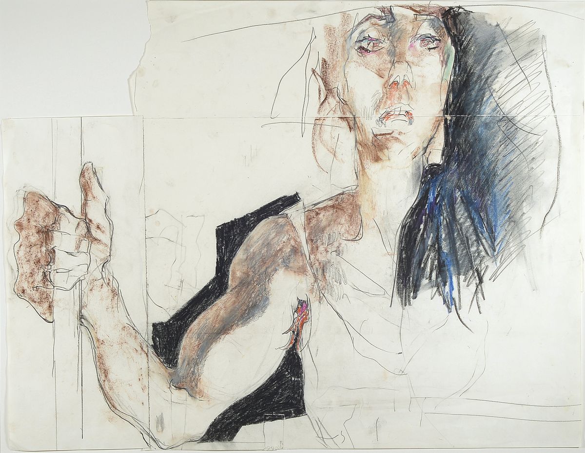 Horst Janssen, 1929-1995, Porträt, Farbkreide, Farbstift und Bleistift auf collagierten Papieren, wohl um 1993, 56.3 x 72.6 cm, Rahmen 89 x 104 cm, ...